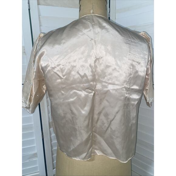 Vintage 30s 40s Pink SILK Satin Bed JACKET Robe Short Embroidered Lingerie O/S - Picture 6 of 8